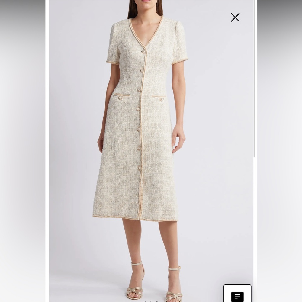 new Zoe and Claire v-neck button front tweed woven midi dress in light khaki